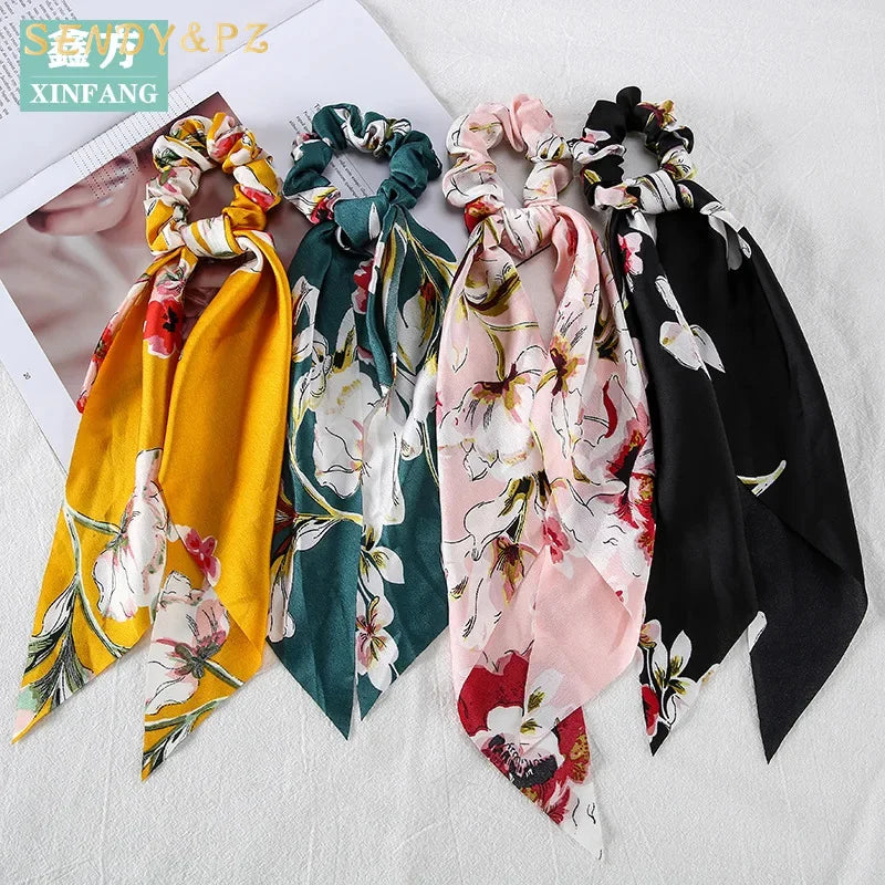 Girls Hot Sell Flower Pattern Elastic Hair Bands Scarf Chiffon Floral Hair Ties Scrunchies Headdress