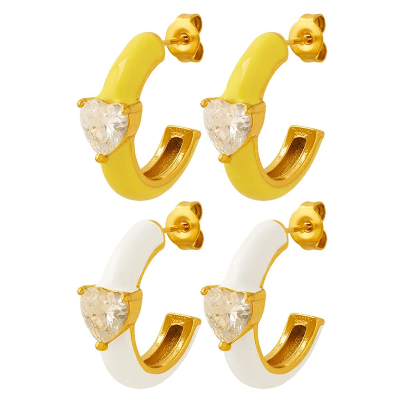 Fashion Stainless Steel Earrings Yellow White C Shaped Zircon Earrings