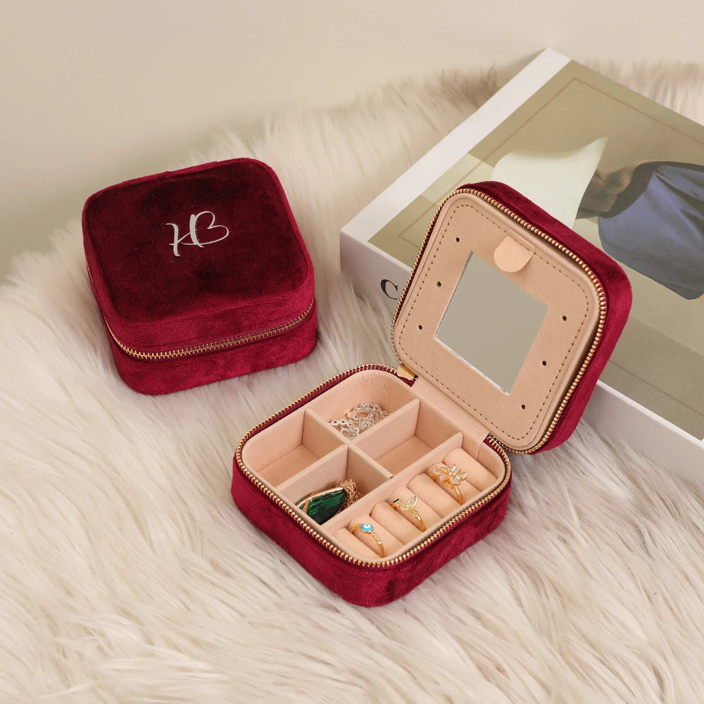 Custom Portable Velvet Zipper Ring Earring Jewelry Box Mirror Organizer Jewellery Storage Case Travel Joyero Organizador Box