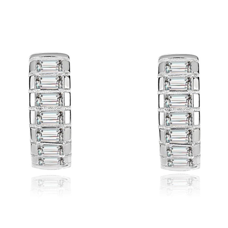 925 Sterling Silver Women's Trendy Fashion Circle Stud Earrings Single Row Square Diamond with Simple Baguette Crystal for Gift