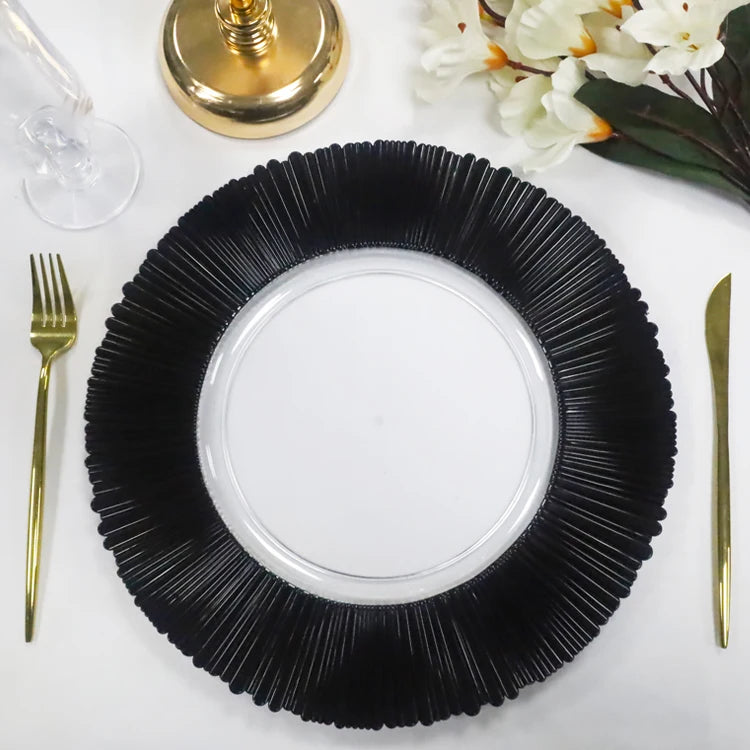 Luxury Nordic Classic 13-Inch Black Rose Gold Rim Transparent Disposable Melamine Charger Plate for Wedding & Hotel Use