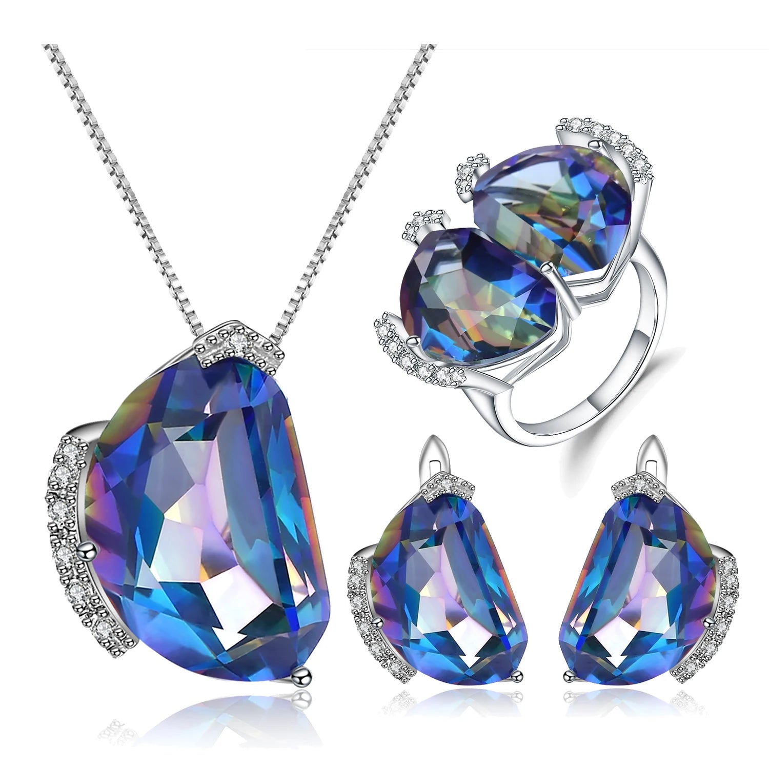 SD010 Abiding Fine Jewelry Blueish Mystic Quartz Gemstone 3 Pieces Women Ring Earring Necklace Wedding Bridal Jewelry Sets