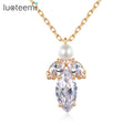 LUOTEEMI Wedding Bridal  Fashion Rhodium Plated Leaf Shape With Plastic Pearls Zircon Pendant Clear CZ Elegant Diamond Necklace
