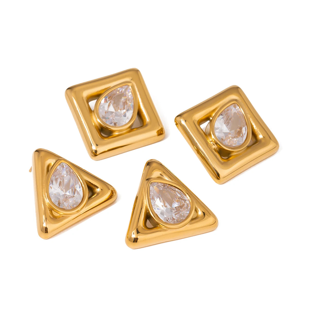J&D 18k Gold Stainless Steel Waterdrop White Zirconia Square Triangle Stylish Unique Chic Jewelry Earrings Elegant