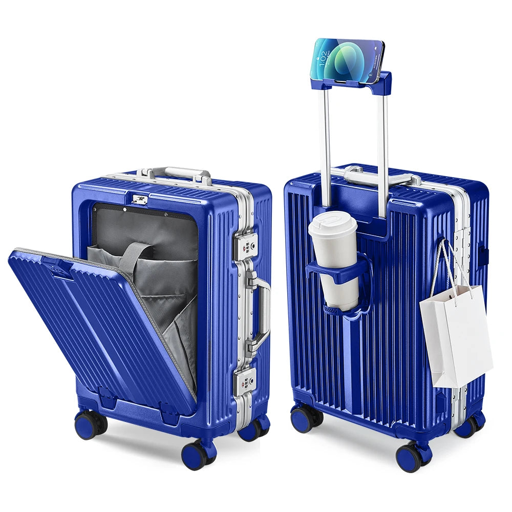 OEM ODM Front Opening Hard Shell Business Suitcase Customizable 20 24 Inch Aluminum Frame Zipperless Blue Pc Travel Luggage
