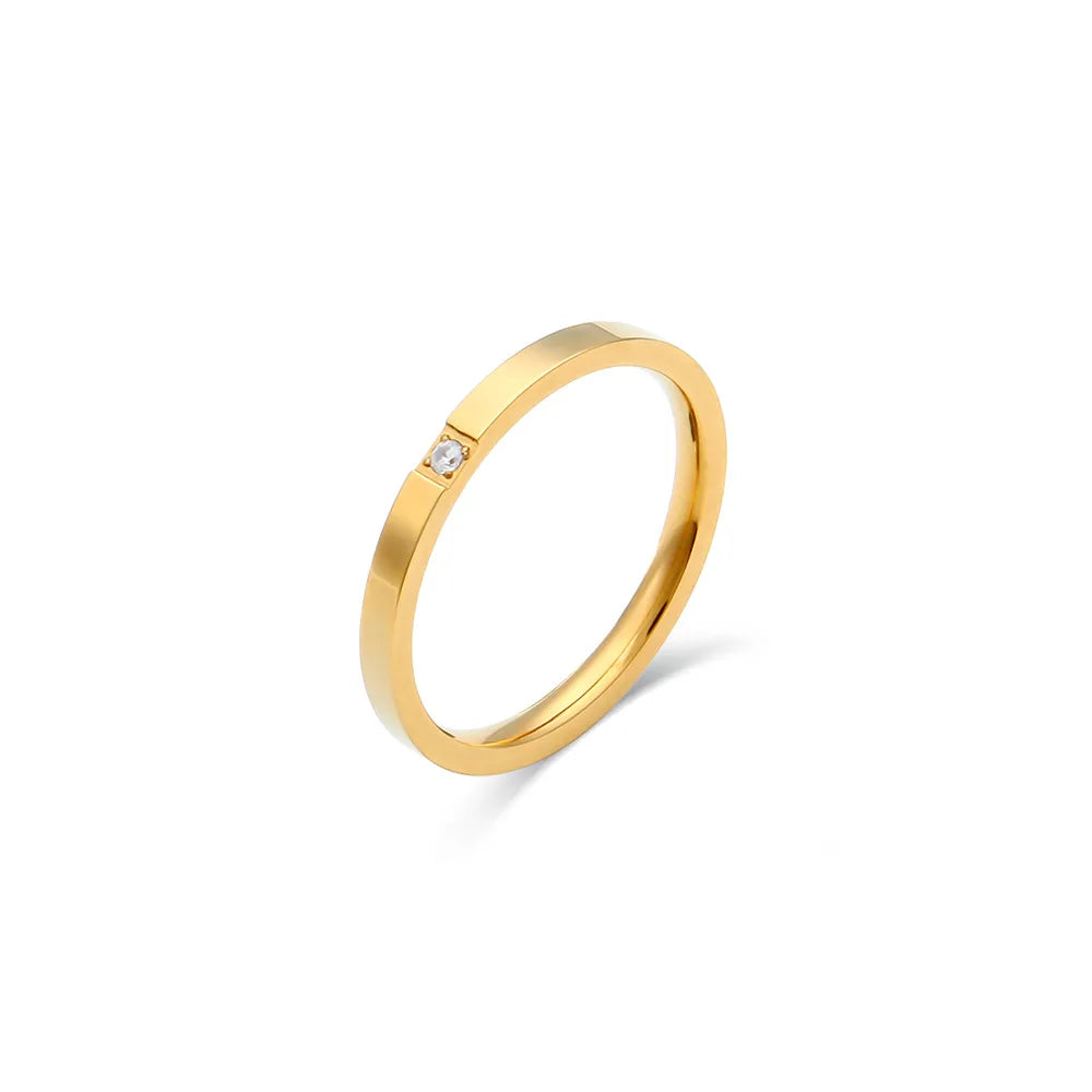 Cute Design Minimalist 18K Gold PVD Plated Waterproof Stainless Steel Single Zircon Ring for Women Couple Rings