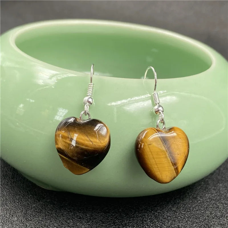 DIY Fashion Earring for Women Wedding Jewelry  Natural Gemstone Crystal Tiger Eye Heart Earrings LOVE Gift