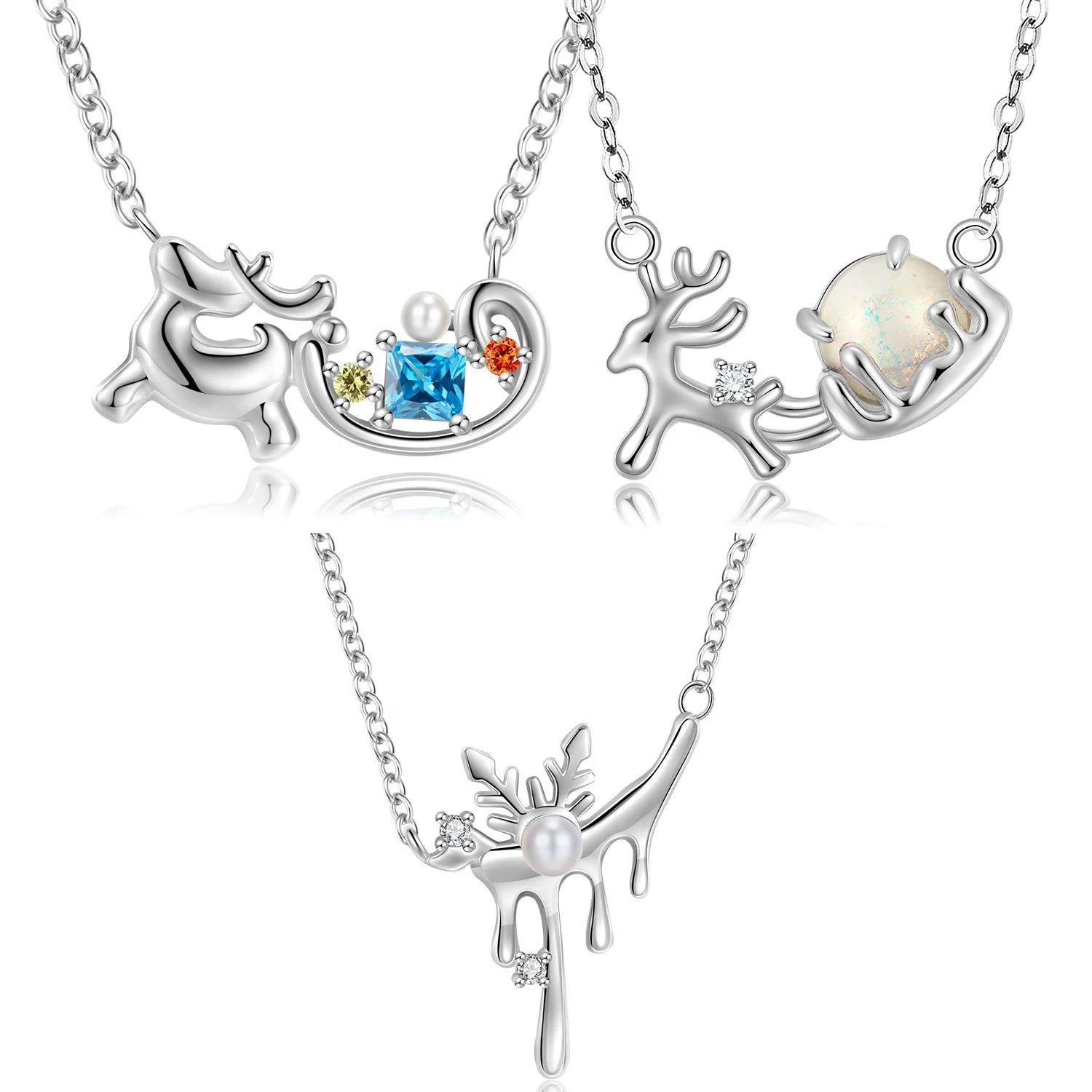 Elk and Pearl Snowflake Pendant Necklace Authentic 925 Sterling Silver for Women Chain Necklaces Jewelry Unique Christmas Gift