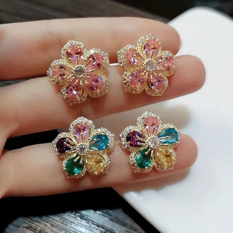 Korean Exquisite and Elegant Zircon Crystal Flower Light Luxury Earrings Ins Cherry Blossom Earrings for Women