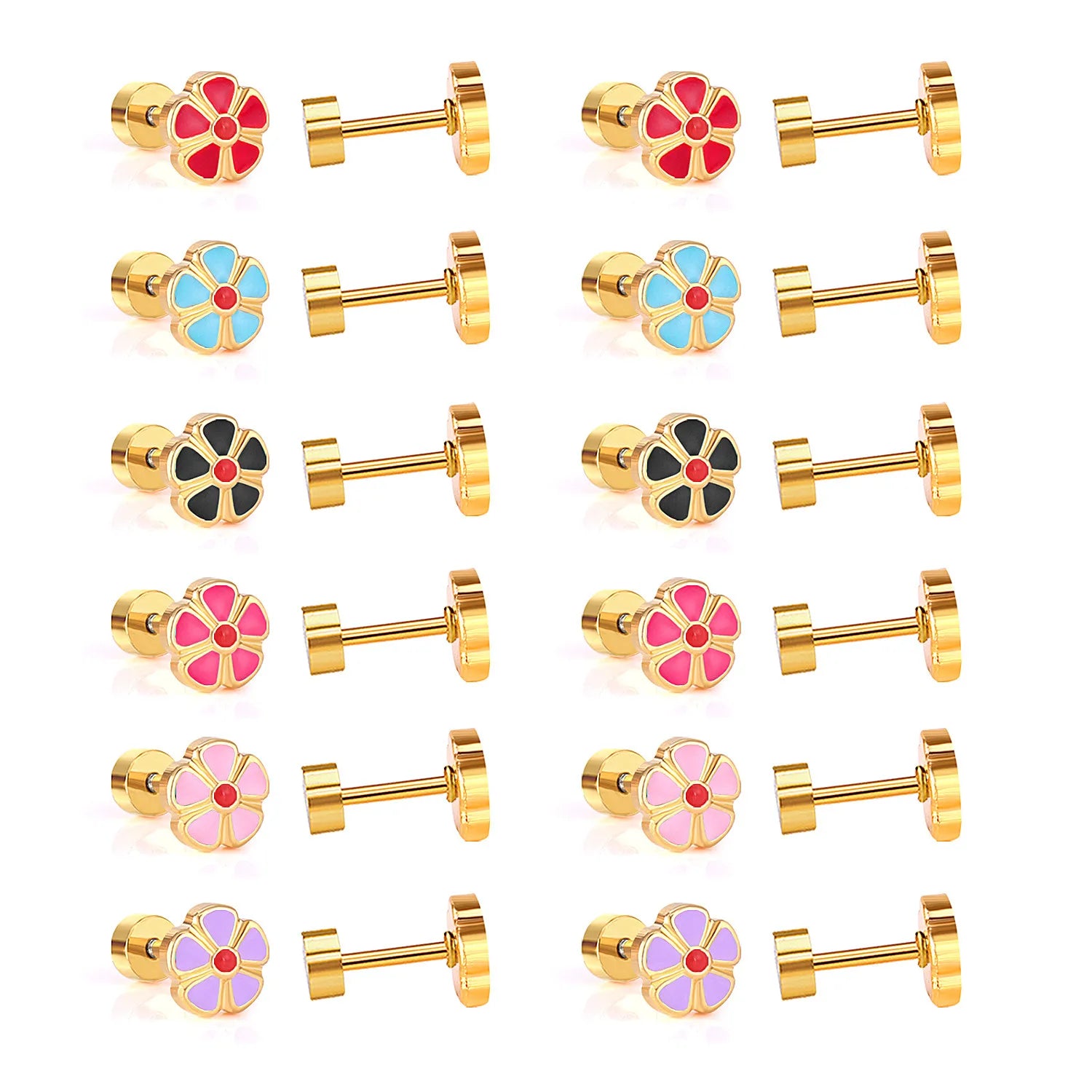 Waterproof Anti-Allergy Flower Women Children Kids Screw Back Stud Earring Fashion 18K Gold Plated Stainless Steel Earrings