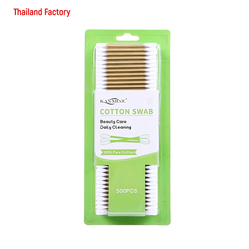 Eco-friendly Organic Cotton Bud 500Pcs Bamboo Pulp Paper Sticks Cotton Swabs With Blister Card Packed for Ear Cleaning Makeup
