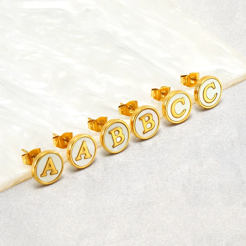 Nabest 10mm 18K Gold Plated Stainless Steel Alphabet Earrings Women's Party & Wedding Suitable Shell Stud with A-Z Letters