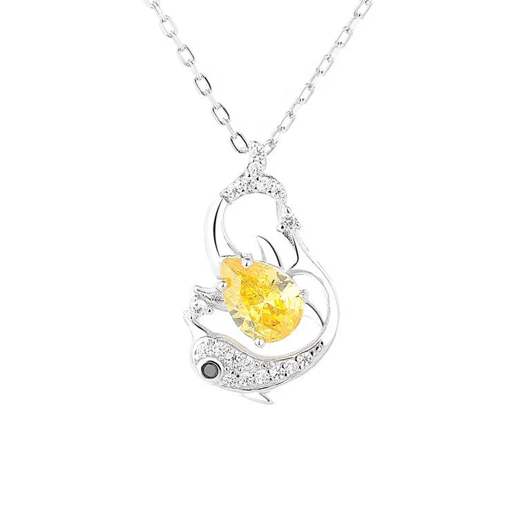 Sterling Silver 925 Dolphin Pendant with Yellow Stone Charm Necklace for Women Ocean Jewelry