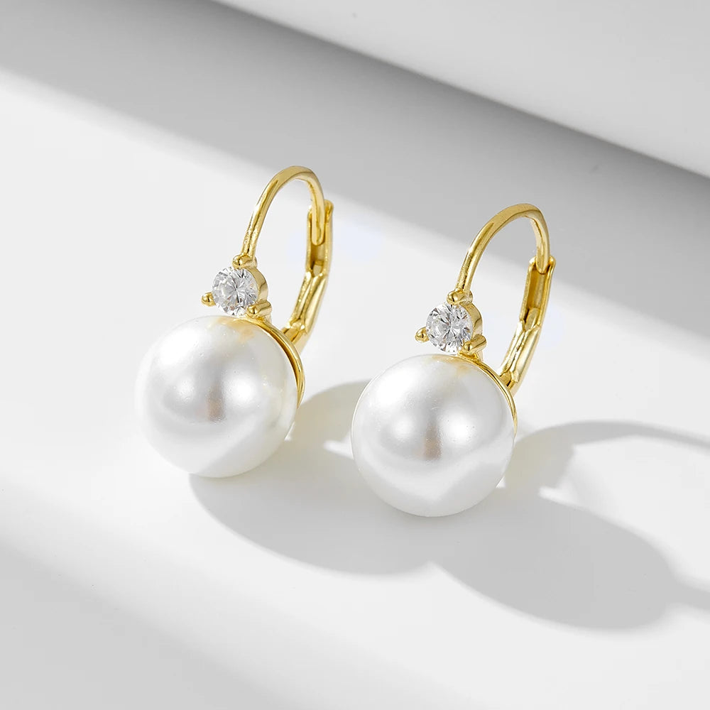 Luxury Fashion Jewelry 925 Sterling Silver Pearl Earrings Round Big Pearl Fine Cz Gold Plated Hook Hoop Earrings Wholesale