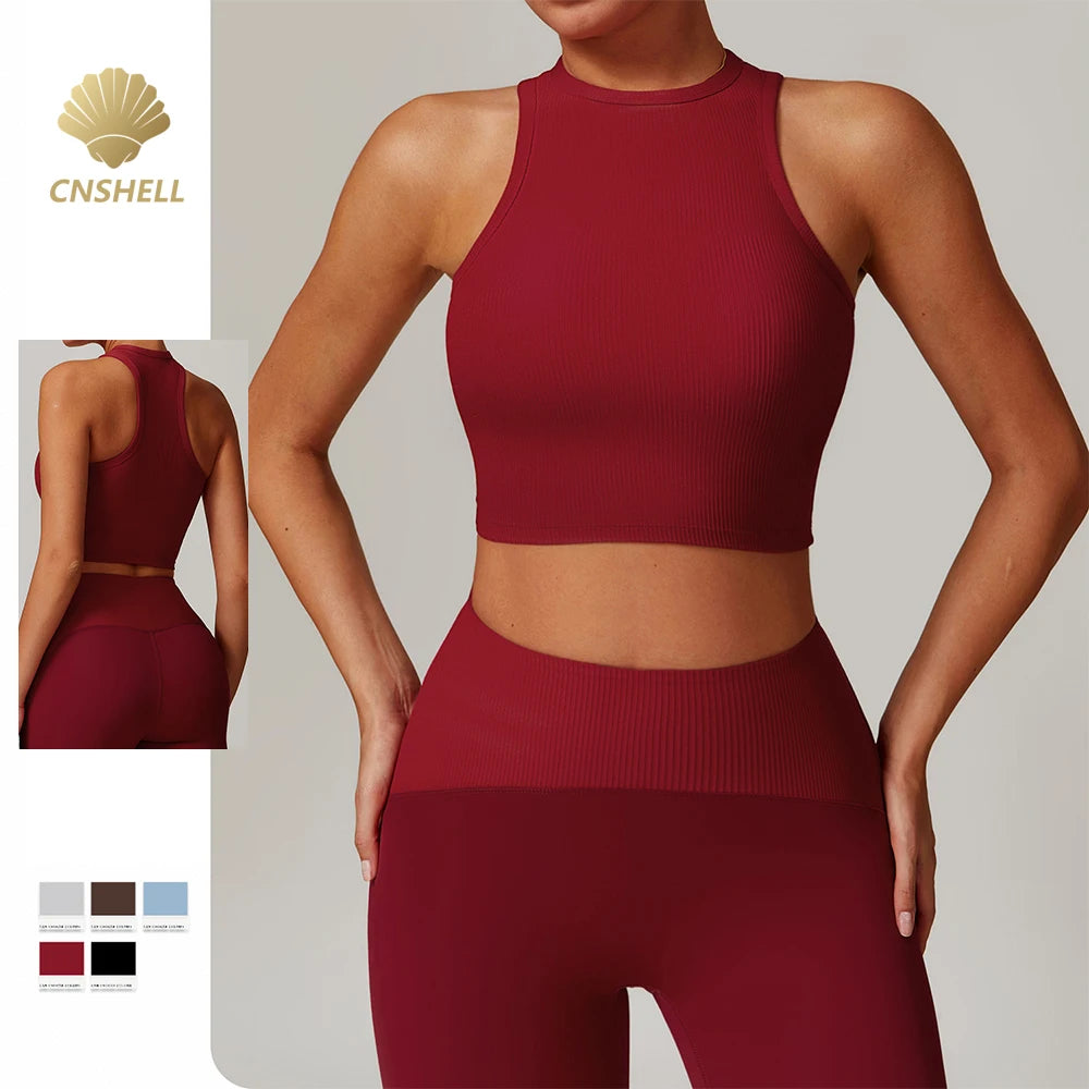 CNSHELL Custom Logo Nylon Ribbed Crew Neck Sleeveless Yoga Workout Gym Fitness Running Sports Bracer Tank Top