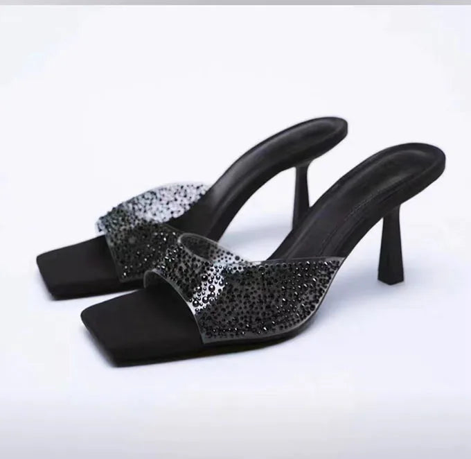 New Arrival Thin Mid-Heel square Head PVC Big Size Summer Shoes Sandals Women slippers for Ladies
