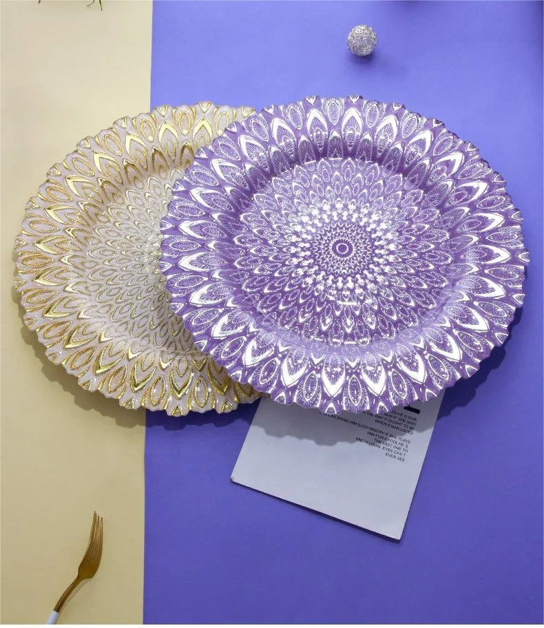 Wholesale 13 Inch Luxury Blue Green Peacock Charger Glass Dinnerware Western Style Eco-Friendly Handpainted Dish Sets Party
