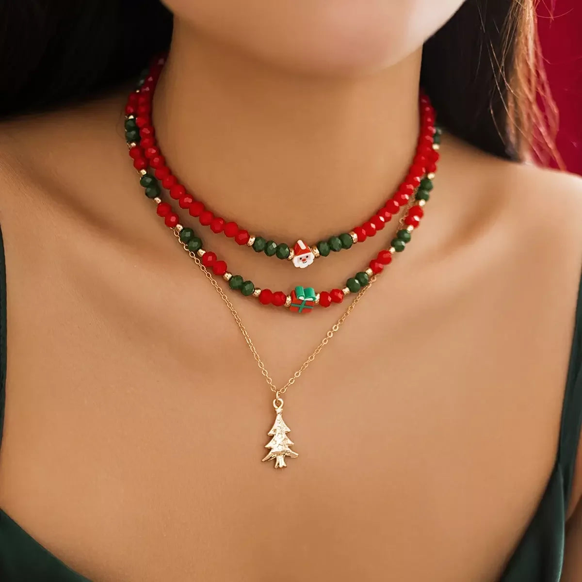 SHIXIN Fashion New Christmas Tree Crystal Beaded Necklace Set for Women Santa Claus Gift Soft Clay Choker Necklace Party Jewelry