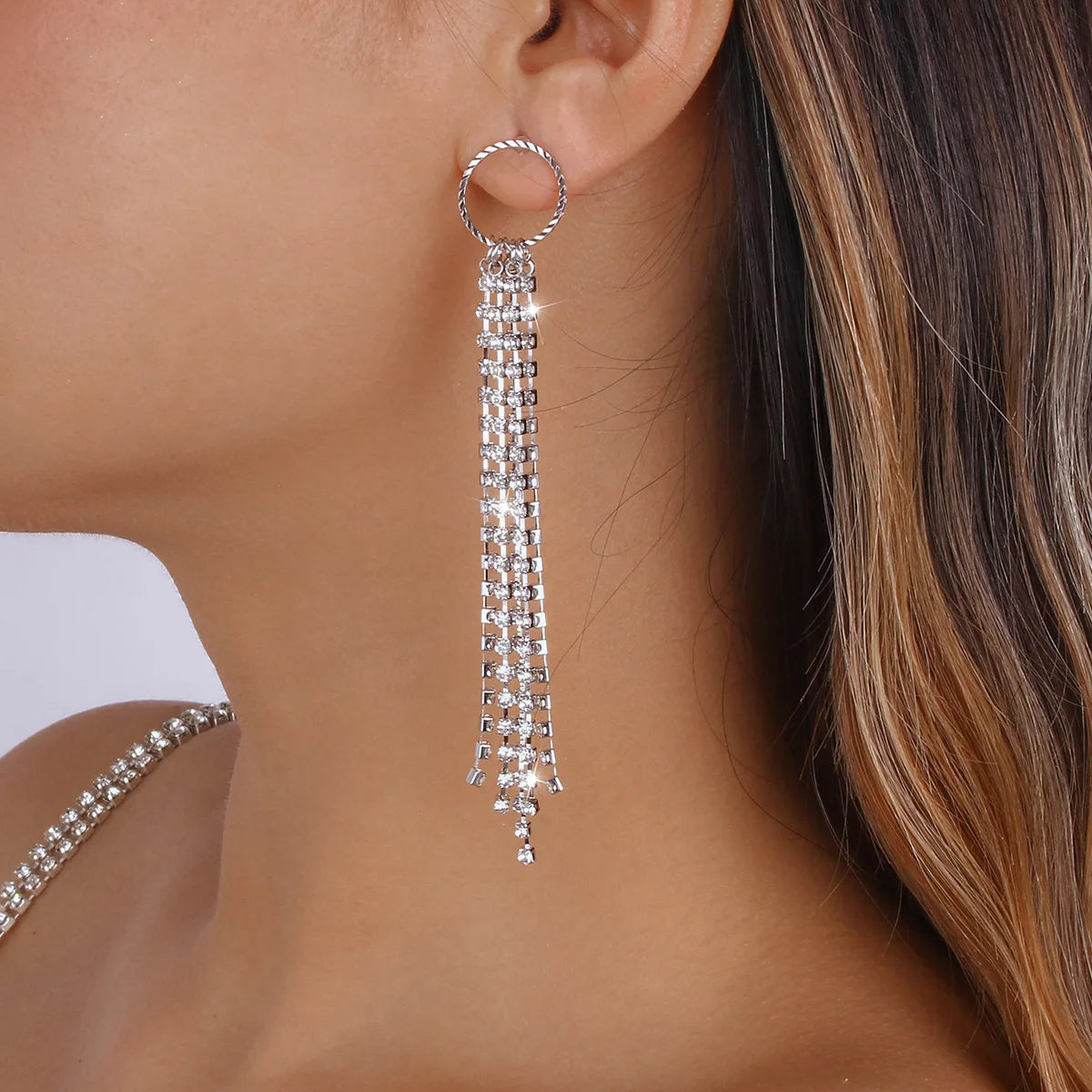Hot Sale Gold Plated Bling Diamond Long Tassel Earring Round Hollow Full Diamond Rhinestone Drop Studs Earrings For Women