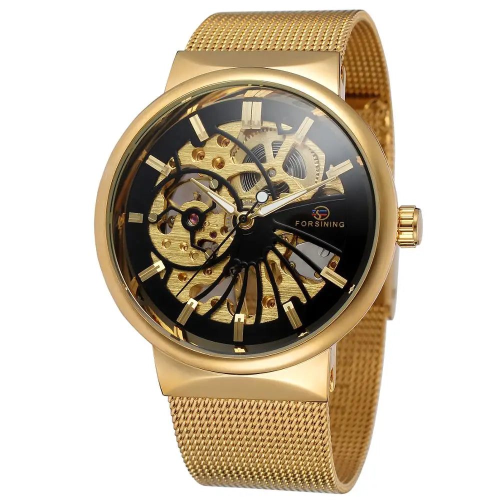 Forsining Popular Gold Watches Luxury Stainless Steel Custom logo Automatic Wrist Watch for Men