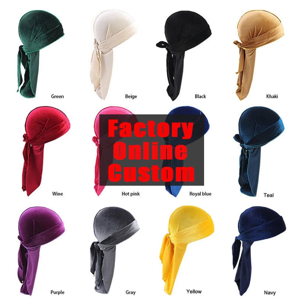 Factory Custom Designer Velvet Silk Durags and Bonnets for Men Women