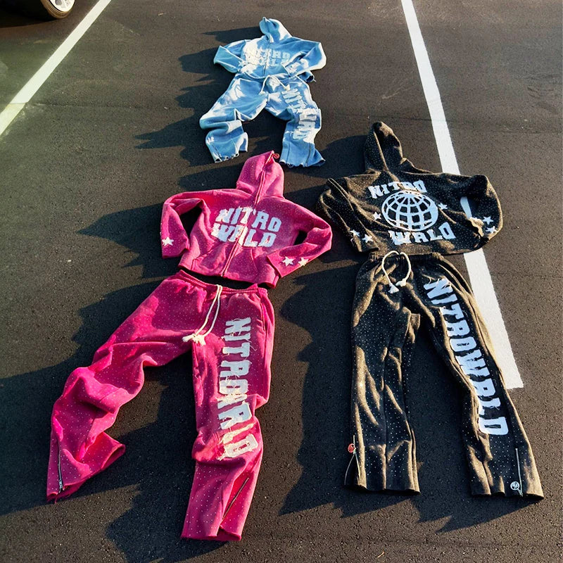 OEM Custom High Street Rhinestone Distressed Embroidered Patch Sweatsuit Zipper Hoodies and Sweat Pants Track Suits Set