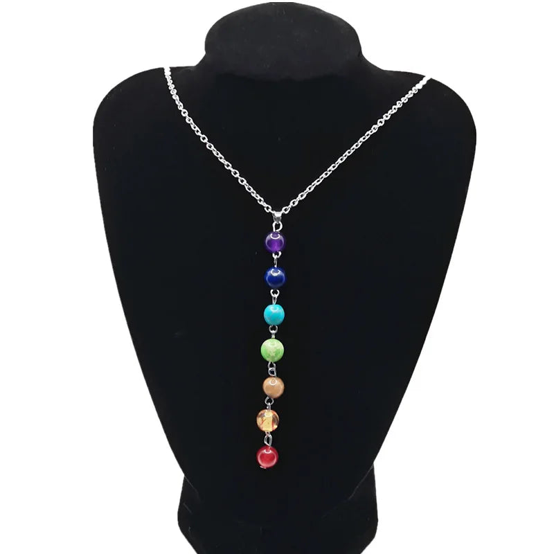 Yoga 7 Chakra Agate Pendant Necklace 8mm Natural Stone Beads Necklace for Women Gemstone Jewelry