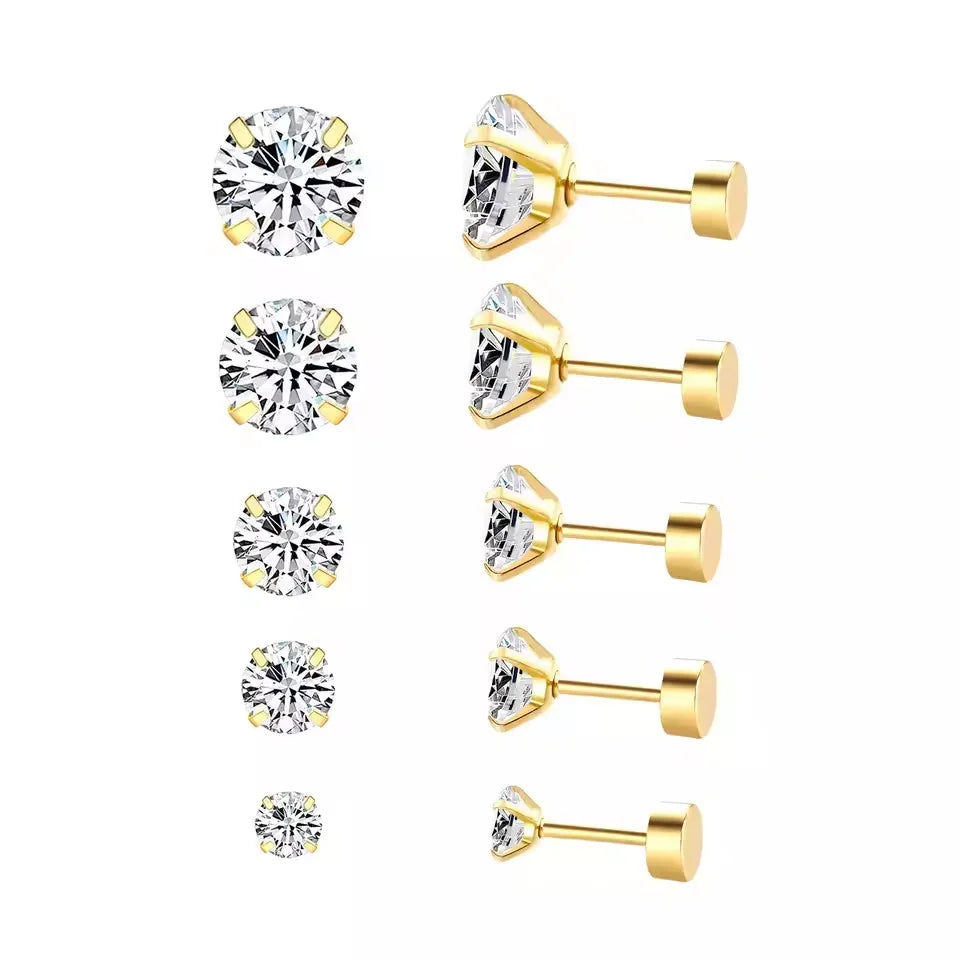 Wholesale 18K Gold Plated Different Size Claw Setting Round White Zircon Stud Earring Jewelry for Women