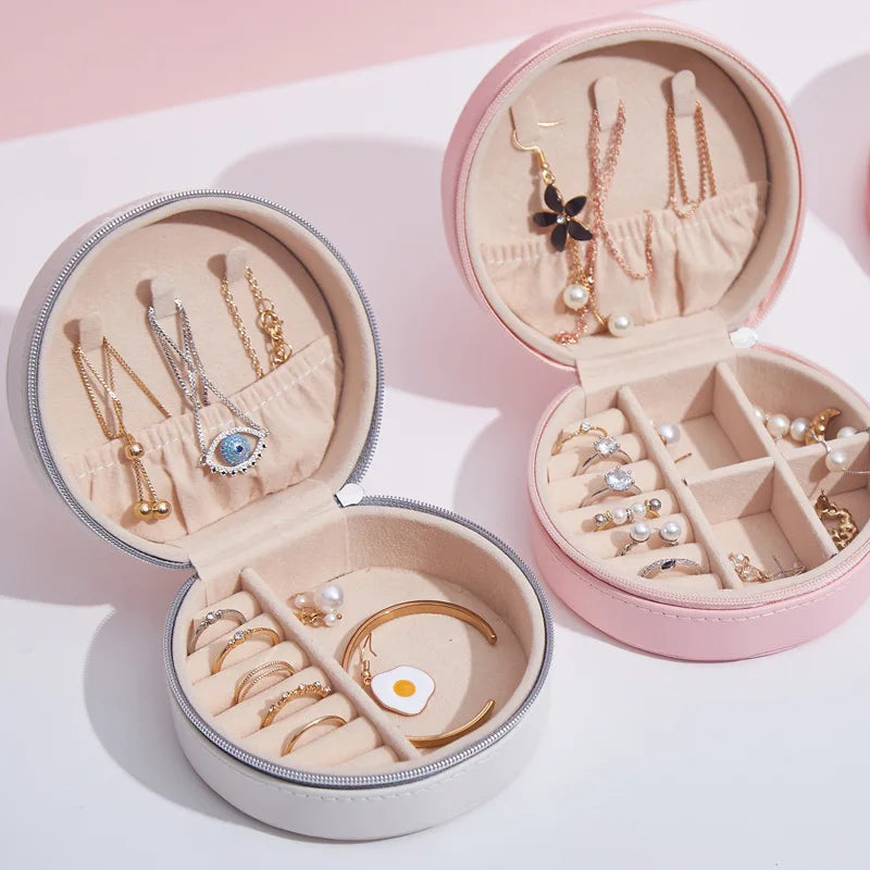 Leather Jewelry Box Packaging Print logo Company Name Travel Round Small Boxes Accessories Gift case