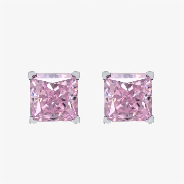925 Sterling Silver Pink Square Cubic Zirconia Solitaire Princess CZ Stud Earrings for Women