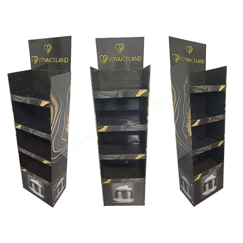 Glossy Printed Black Cardboard Floor Display Skin Care Display Customized Folding Floor Carton Display for Cosmetics