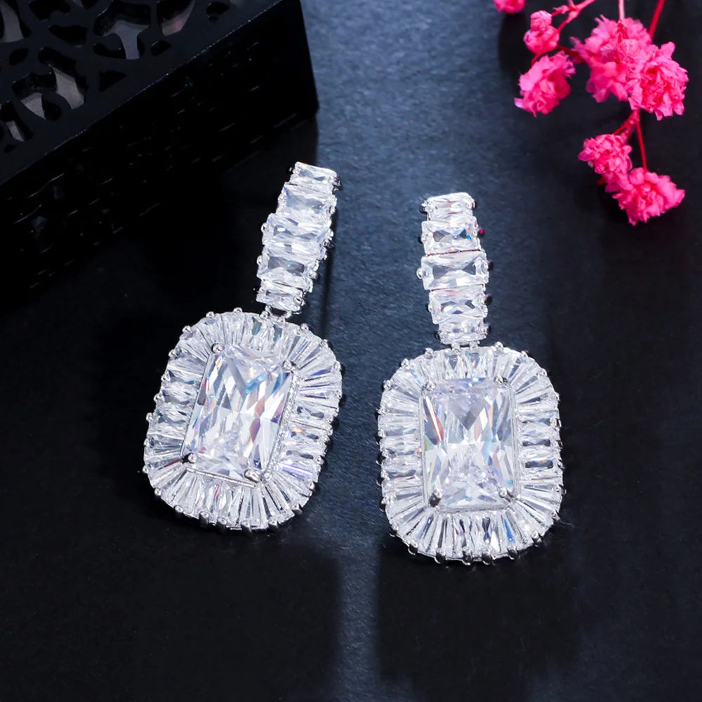 Classic Princess Cut Bling Quality Cubic Zircon Crystal Bridal Drop Earring for Wedding Women Party Costume Jewelry Accessories