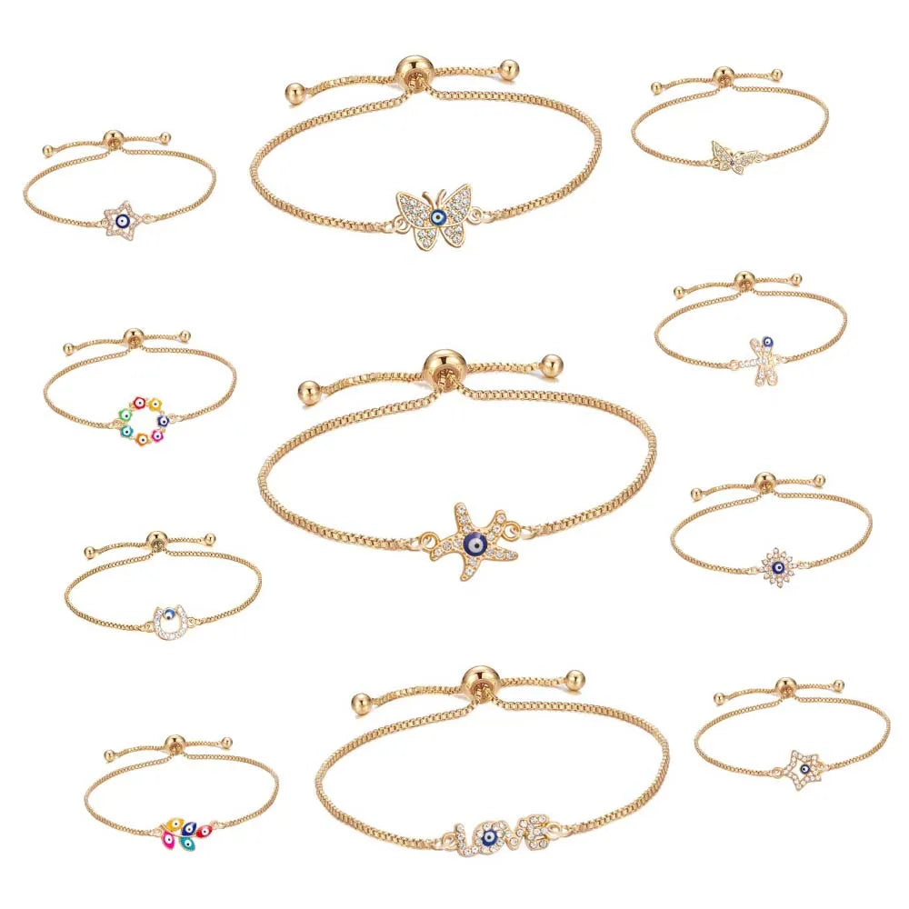 18k Gold Plated Box Chain Adjustable Crystal Rhinestone Turkish Evil Eyes Butterfly Bracelet Blue Starfish Lucky Eyes Bracelets