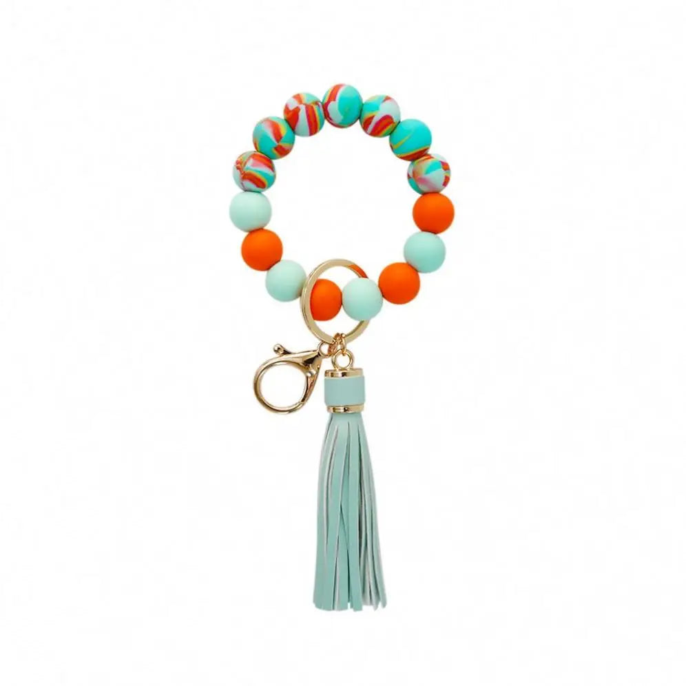 Fashion Women Wrist Strap Colorful Silicone Bead Bracelet Keychain PU Leather Tassel Keychain Anti-lost Bangle Wristlet Keychain