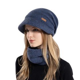 Women's Comfortable Winter Warm Fisherman Knitting Hat Neck Warmer 2 Pieces Set Character Camouflage 3D Embroidery Fleece Lining