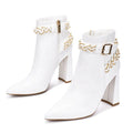 Plus Size Fashion Brown White PU Leather Metal Chain Side Zipper Pointed Toe Booties Women Chunky Heel Ankle Boots