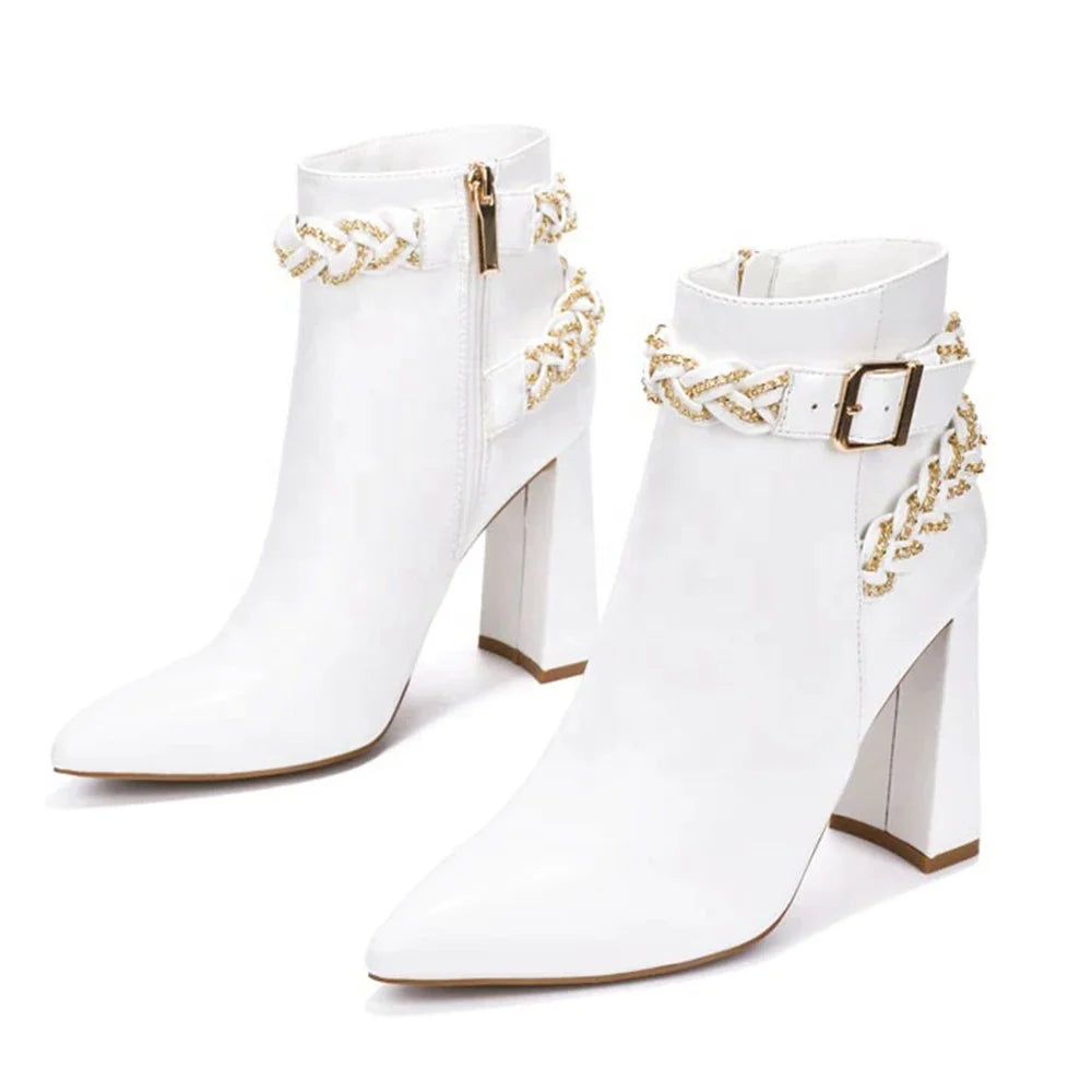 Plus Size Fashion Brown White PU Leather Metal Chain Side Zipper Pointed Toe Booties Women Chunky Heel Ankle Boots