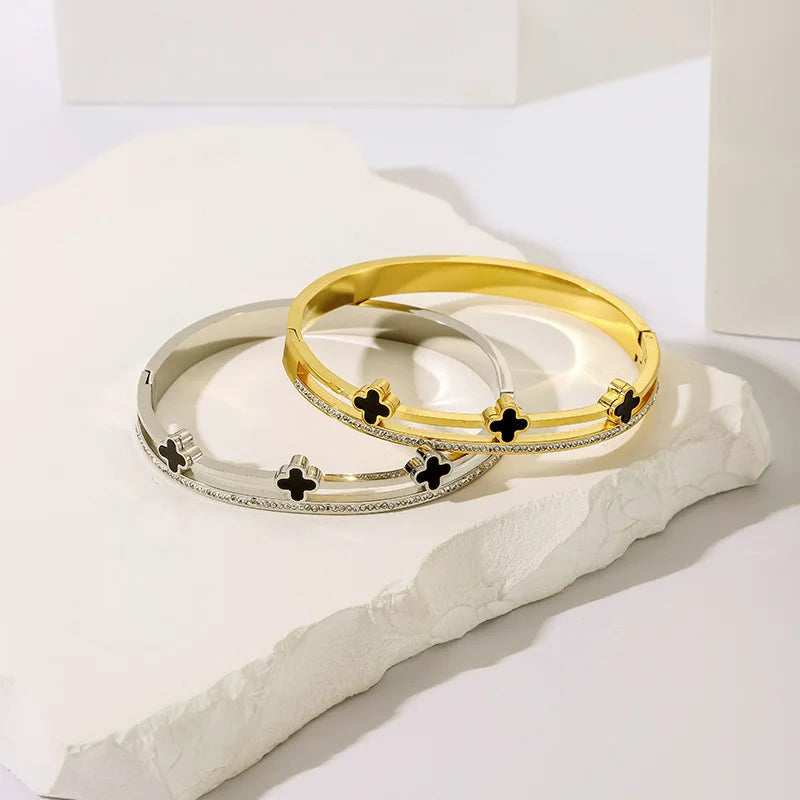 Nabest Stainless Steel Layers Rhinestone Clovers Bangle Jewelry Wholesale 18K Gold Plated Women Bracelet and Bangle