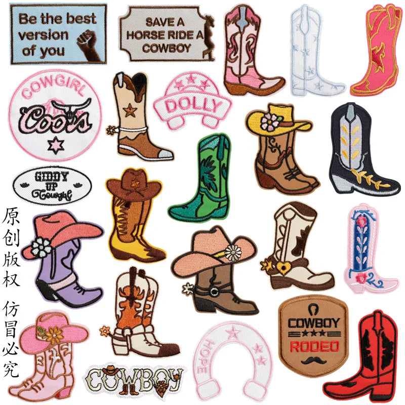 Large Collection Embroidered Iron on pink Howdy Cowboy Cowgirl  Boots  Patch for Clothing Hat Bag Decoration