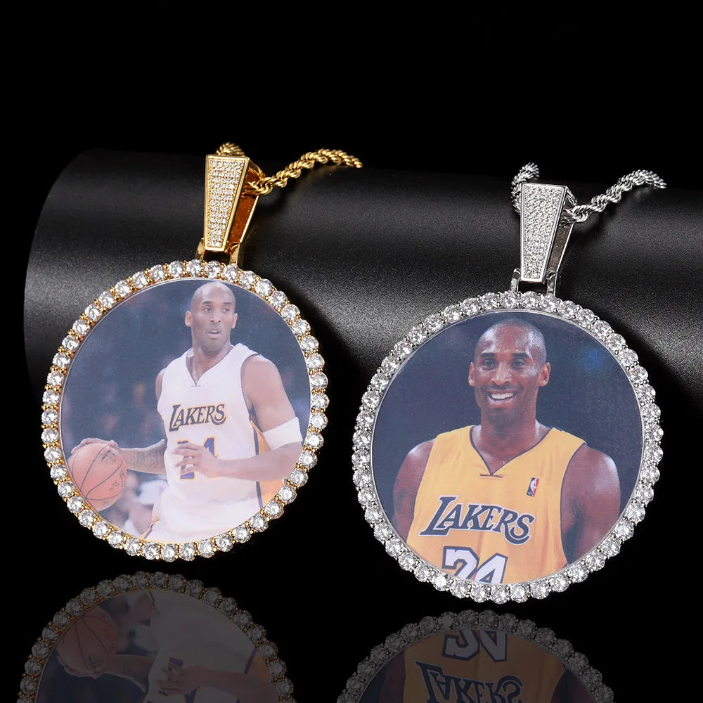 Big Size Personalized Iced Out Cubic Zircon Edge Paved Photo Frame Pendant Necklace Custom Photo Pendant Family Gift Necklace