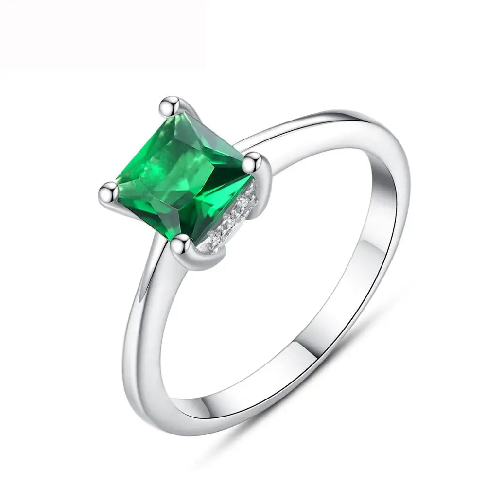 CZCITY Stylish 925 Sterling Silver Rings for Women Artificial Emerald Zircon Stone Engagement Ring