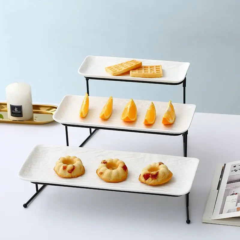 Serving Tray 3 Tier Rectangular Dessert Plate Ceramic Cake Stands With Metal Rack for Party
