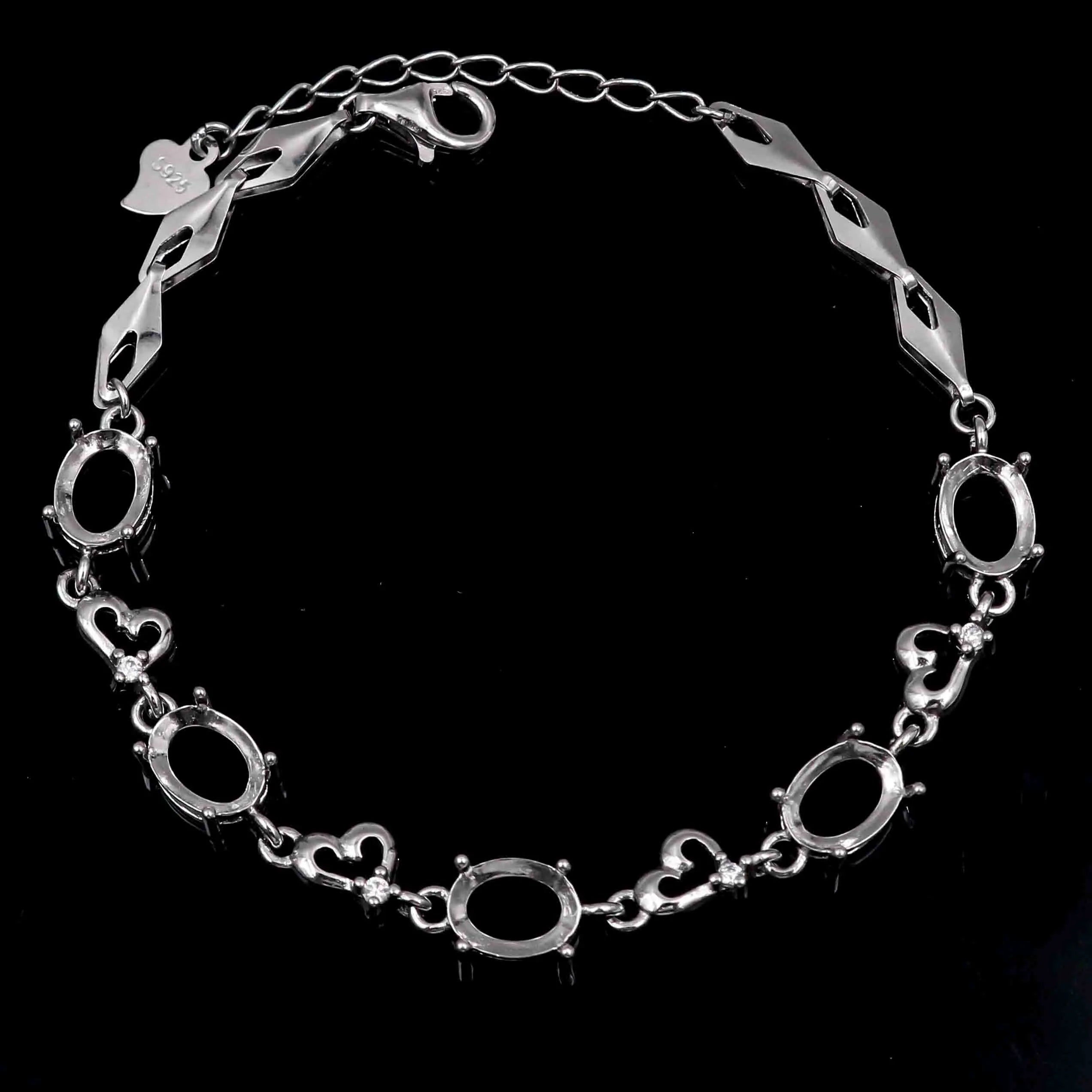 Sterling Silver 6*8mm Semi Mount Bracelet Empty Support Blank Claws Setting S925 Base Holder Without Center Stone Inlay for DIY