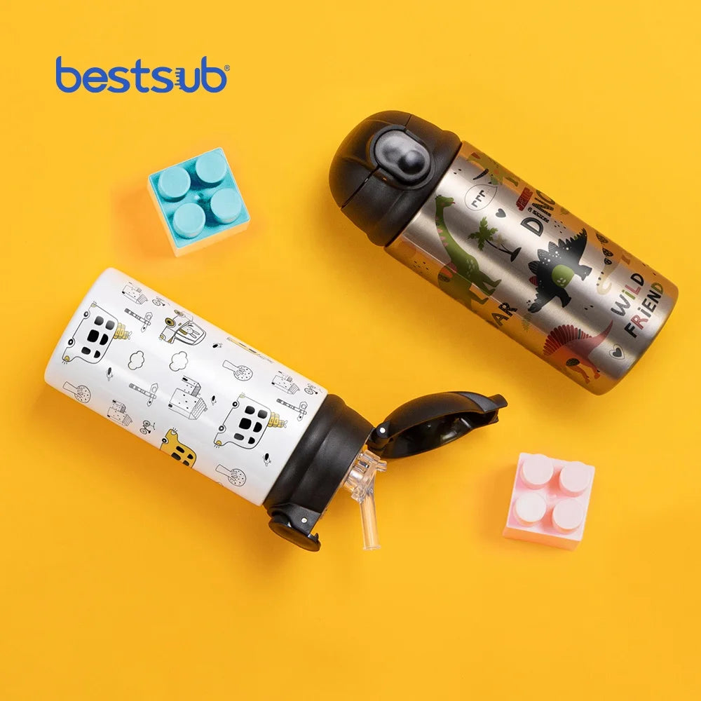 Bestsub Wholesale 12oz Sublimation Blanks Flasks with Silicon Straw Black Cap Vacuum Insulated Stainless Steel Water Bottle Kids