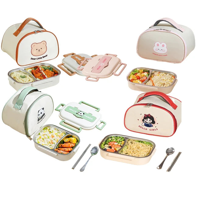 850ML Stainless Steel Lunch Box Kids With Lunch Bag Cutlery Rabbit Bear Toddler 2 Compartment Bento Box for Back to School