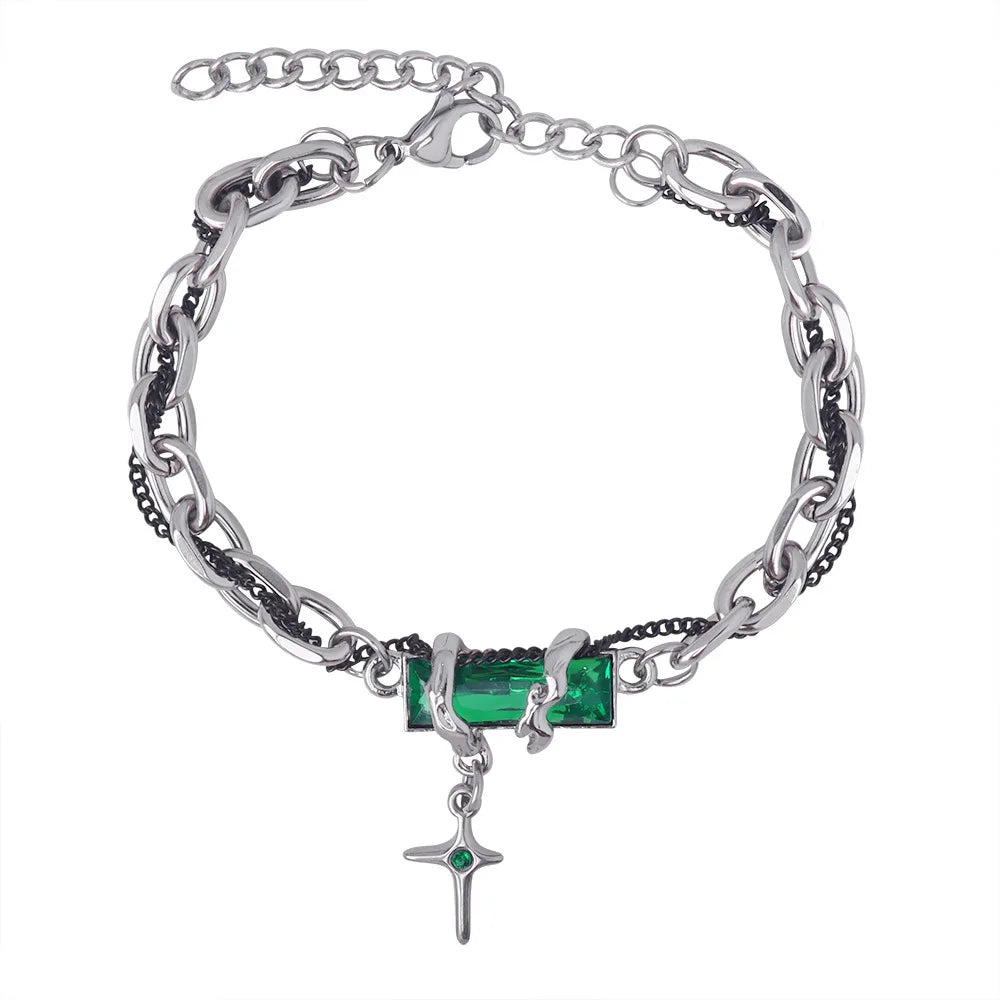 Hyperbole Vintage Personalized Stainless Steel Layer Chain Zircon Cross Tassel Bracelet for Men Stackable Jewelry