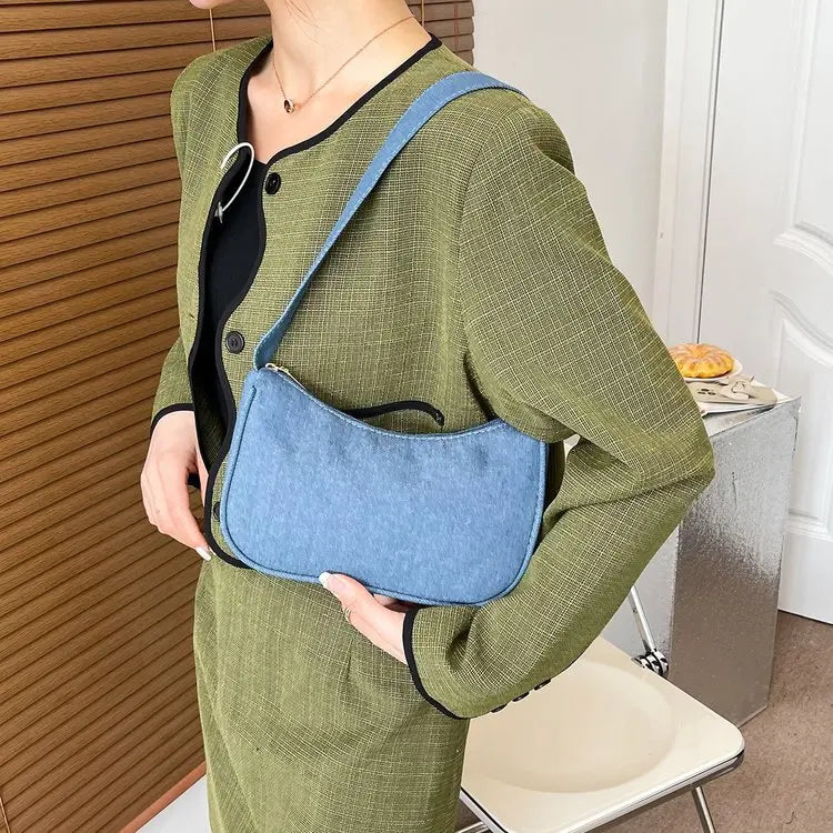 Chic Vintage Plaid Washable Blue Denim Chain Armpit Purse Custom Casual Women Underarm Shoulder Bag Student Beach Purse 2022