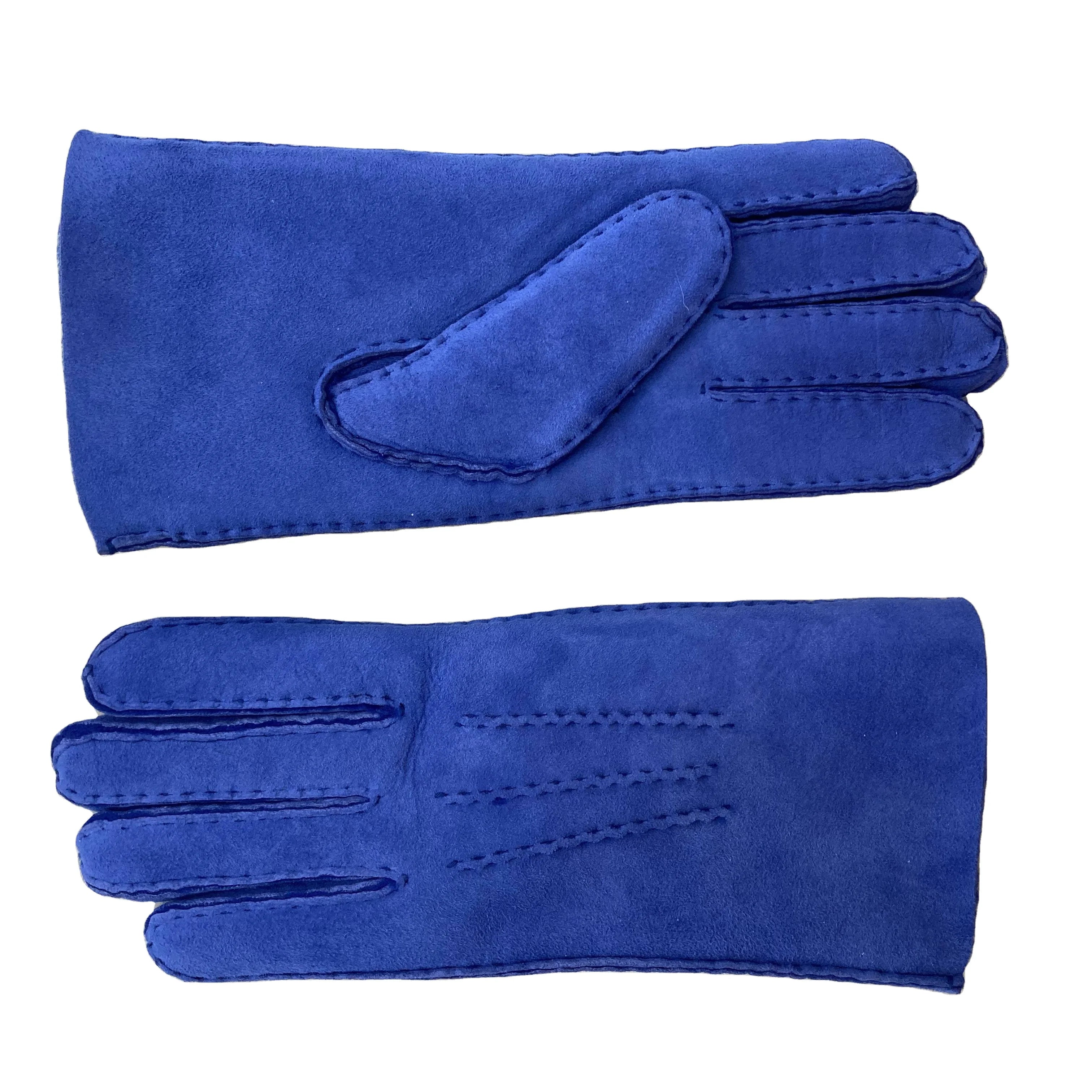 Sample Support New Bright Blue Winter Shearling Fur Lined Lambskin Gloves for Ladies