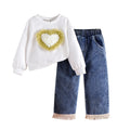 2025 Valentine's Day Outfit for Girls Preppy Style Woolen Two-Piece Set with Heart-Shaped Shirt Denim Pants Kids Will Love!