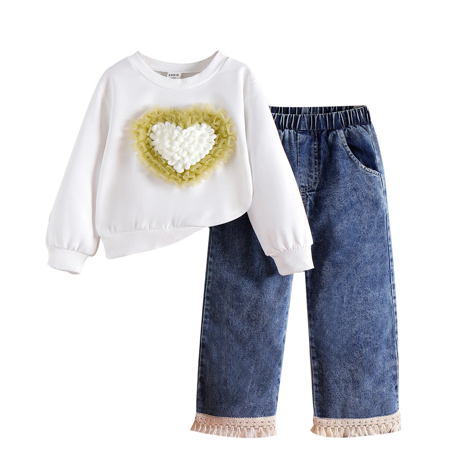 2025 Valentine's Day Outfit for Girls Preppy Style Woolen Two-Piece Set with Heart-Shaped Shirt Denim Pants Kids Will Love!